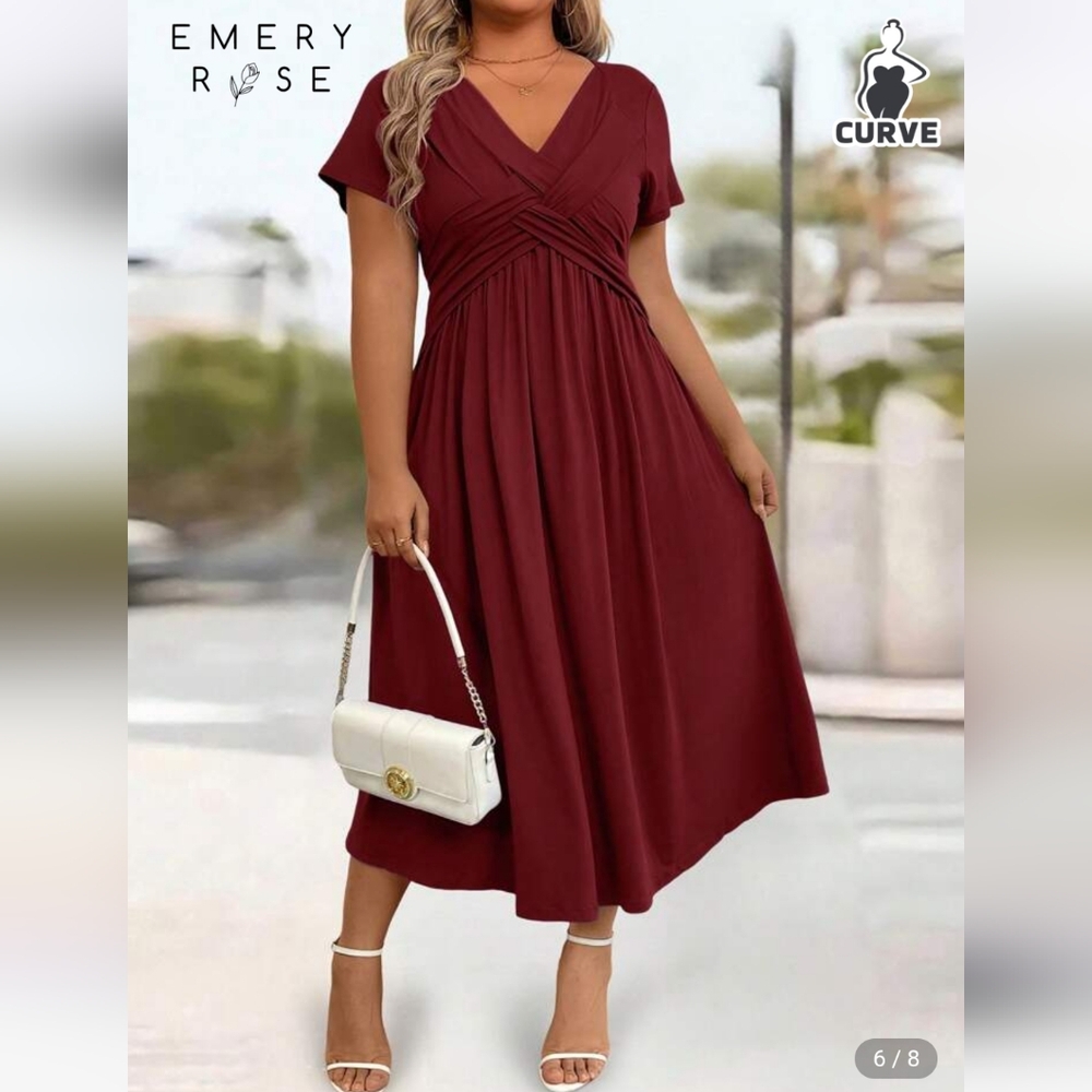 NWOT Shein Burgundy Midi Dress with Criss Cross Detail on Front, Size 2XL